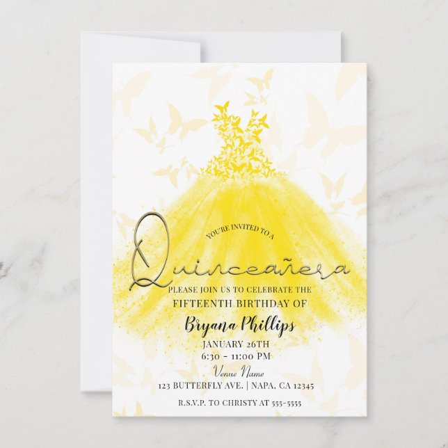 Fjärilsdans Gul Glitter Klänning Quinceañera Inbjudningar (Framsida)