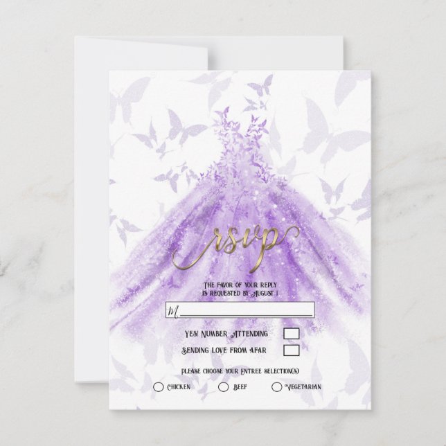 Fjärilsdans Lila klänning Bröllopsdusch RSVP Inbjudningar (Framsida)