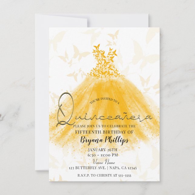 Fjärilsdans Orangekräm Klänning Quinceañera Inbjudningar (Framsida)
