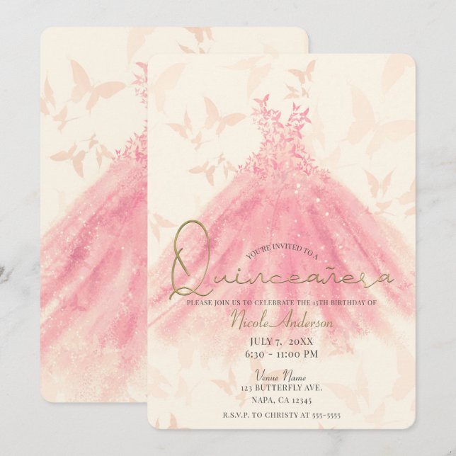 Fjärilsdans Päron Glitter Klänning Quinceañera Inbjudningar (Fram/baksida)