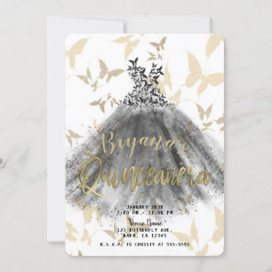 Fjärilsdansklänning Svart & Guld Quinceañera 15 Inbjudningar