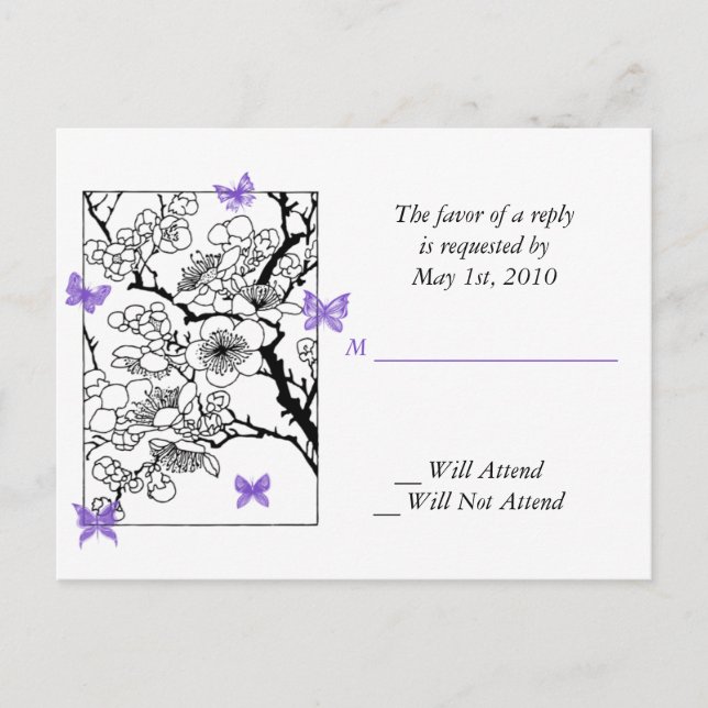 Fjärilsdrömmar: Japansk inspirerad konst i violett Inbjudan Vykort (Framsida)