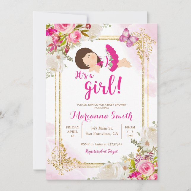 Fjärilsfiesta Mexikanska Rosa Blommor Baby Shower Inbjudningar (Framsida)