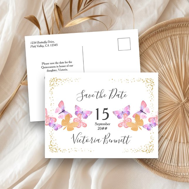 Fjärilshimmel Korallguld Konfetti Spara Datum Meddelande Vykort (Save the Date postcards from my Butterfly Skies Quinceanera collection)