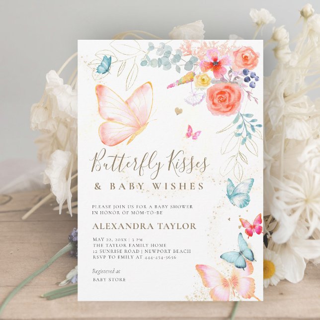 Fjärilskyssar Körsbärsblommande Babyflicka Shower Inbjudningar (butterfly kisses baby shower invitation bright colorful garden peach orange teal blue whimsical)