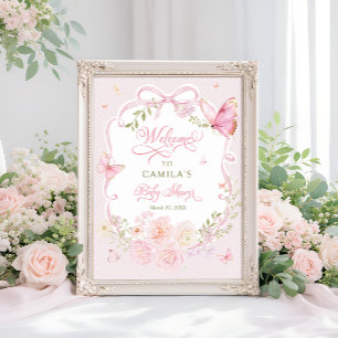 Fjärilsrodnad blommande flicka bebis shower välkom poster