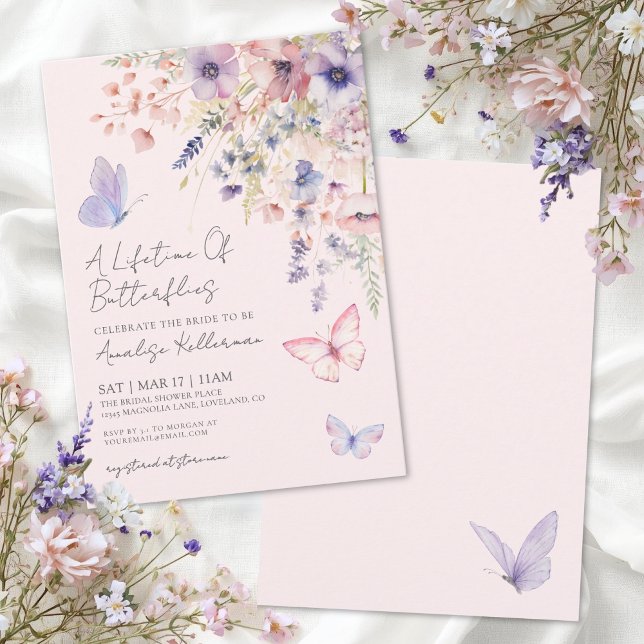 Fjärilsrodnad Rosa Blommig Bröllopsdusch Inbjudningar (Butterfly Blush Pink Floral Bridal Shower Invitation)