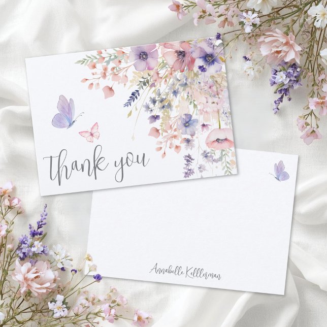 Fjärilsrodnad Rosa Lila Vildblomma Tack Kort (Butterfly Blush Pink Purple Wildflower Thank You Card)
