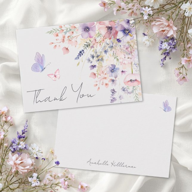 Fjärilsrodnad Rosa Lila Vildblomma Tack Kort (Butterfly Blush Pink Purple Wildflower Thank You Card)