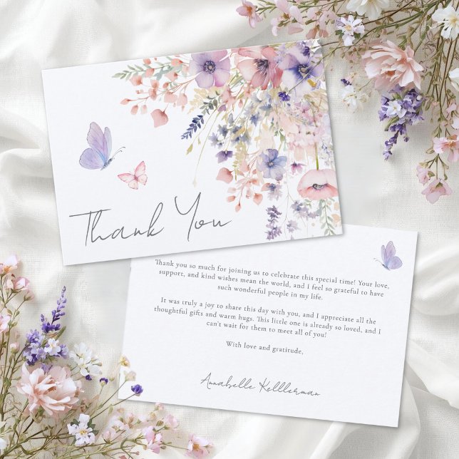 Fjärilsrodnad Rosa Lila Vildblomma Tack Kort (Butterfly Blush Pink Purple Wildflower Thank You Card)