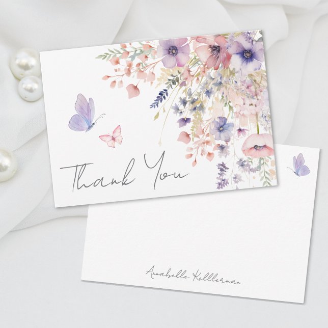 Fjärilsrodnad Rosa Lila Vildblomma Tack Kort (Butterfly Blush Pink Purple Wildflower Thank You Card)