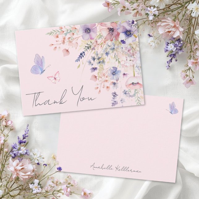 Fjärilsrosafärgad vildblomma tack kort (Butterfly Blush Pink Wildflower Thank You Card )