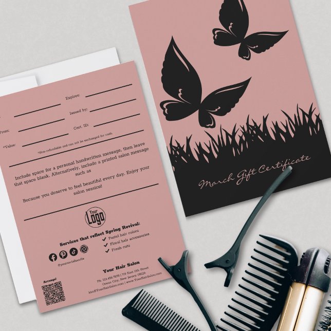Fjärilssax Klippare Presentkort (Modern Hairstylist March Gift Certificate, Pink and Black, Butterfly Silhouettes)