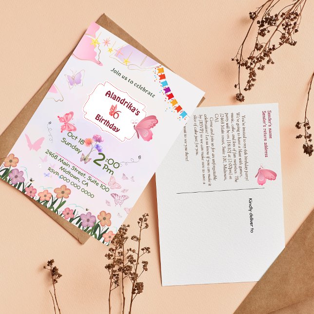 Fjärilstema inbjudan till 6-årsdag (Skapare uppladdad)