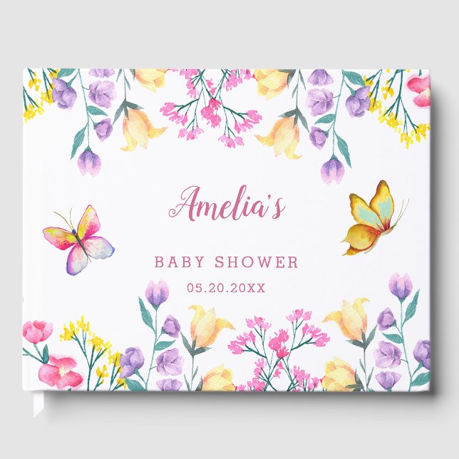 Fjärilstema Vårblomma Trädgårds Baby Shower Gästböcker (Framsida)