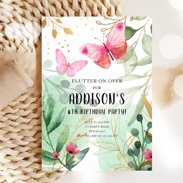 Fjärilsträdgård Blommor Rosa Guld Födelsedag Inbjudningar (Skapare uppladdad)