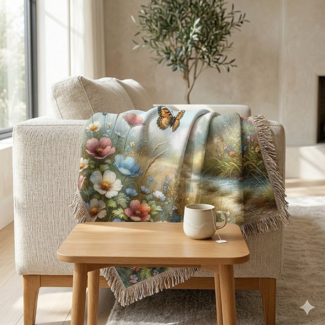 Fjärilsträdgård i äng med vilda blommor filt (Wildflower Meadow Butterfly Garden Throw Blanket)