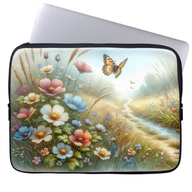 Fjärilsträdgård i äng med vilda blommor laptop fodral (Framsidan)