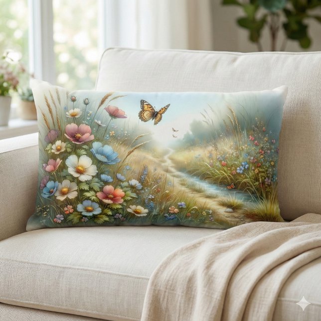 Fjärilsträdgård i äng med vilda blommor lumbarkudde (Wildflower Meadow Butterfly Garden Art Lumbar Pillow Mockup A)