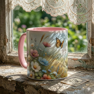 Fjärilsträdgård i äng med vilda blommor mugg