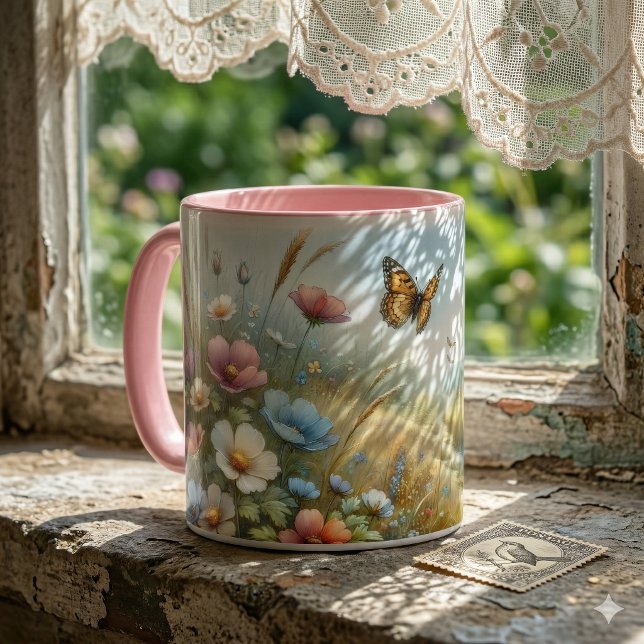 Fjärilsträdgård i äng med vilda blommor mugg (Wildflower Meadow Butterfly Garden Mug)