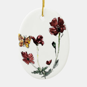 Fjärilsvallmon blommar blommigt julgransprydnad keramik