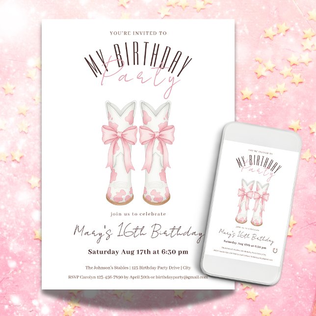 Fjäskig Cowgirl Födelsedagsfest Inbjudningar (Coquette Cowgirl Birthday Party Invitation)
