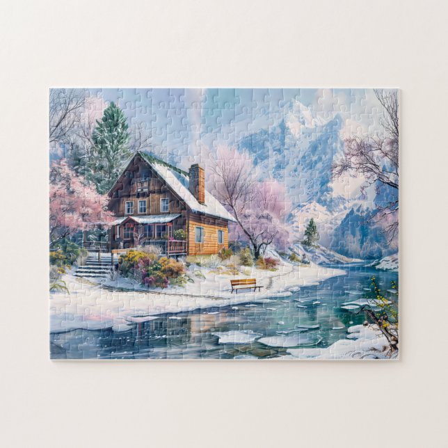 Fjellstuga på våren med blomningar pussel (Horisontell)