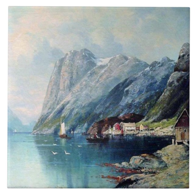 Fjord i Norge-målning av Lev Lagorio Kakelplatta (Framsidan)