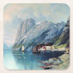 Fjord i Norge-målning av Lev Lagorio Underlägg Papper Kvadrat