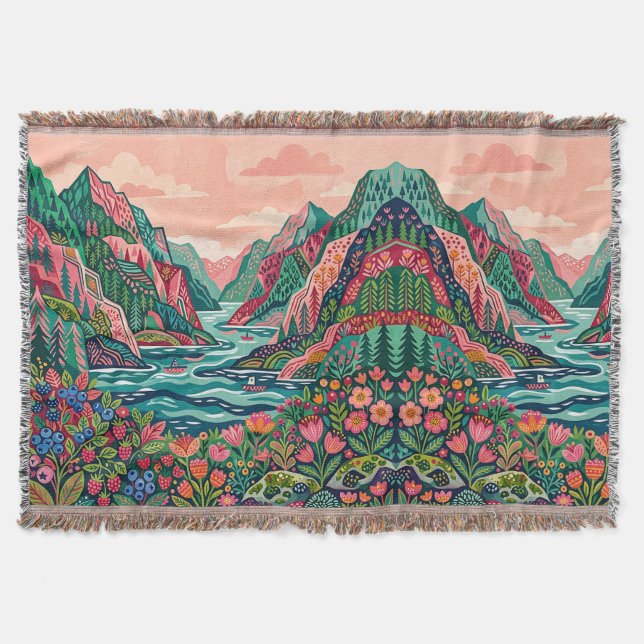 Fjord Landscape Blanket – Rose & Emerald Filt (Framsidan)
