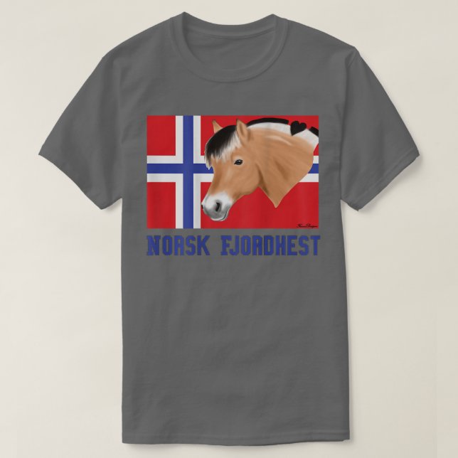 Fjordhäst med norsk flagga, en pony fläkt, söt t shirt (Design framsida)