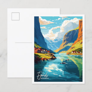 Fjords Norge Art Travel illustration Vykort