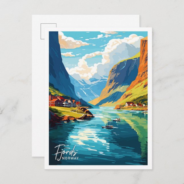 Fjords Norge Art Travel illustration Vykort (Fram/baksida)