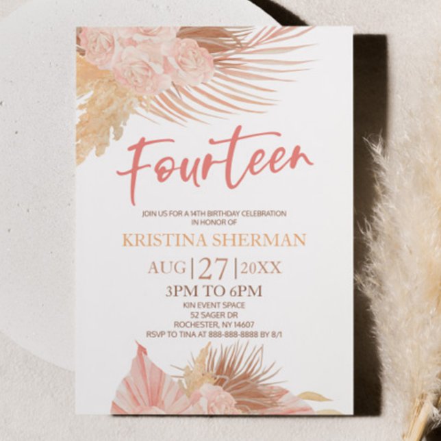 Fjorton Boho Rosa Blommigt 14:e Födelsedagsfesten Inbjudningar (Skapare uppladdad)