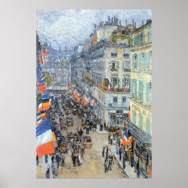 Fjortonde juli, Rue Daunou av Childe Hassam Poster (Framsidan)