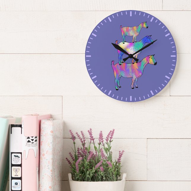 Fläckfärgad söt illustration av getter stor klocka (Cute goats colorful farm animal art purple wall clock)