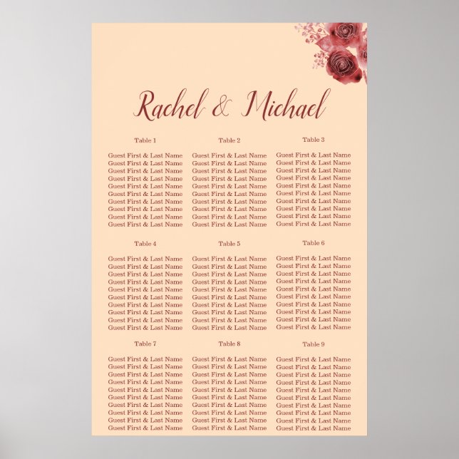 Fläckig burgundi och persika blommigt Bröllop Poster (Framsidan)