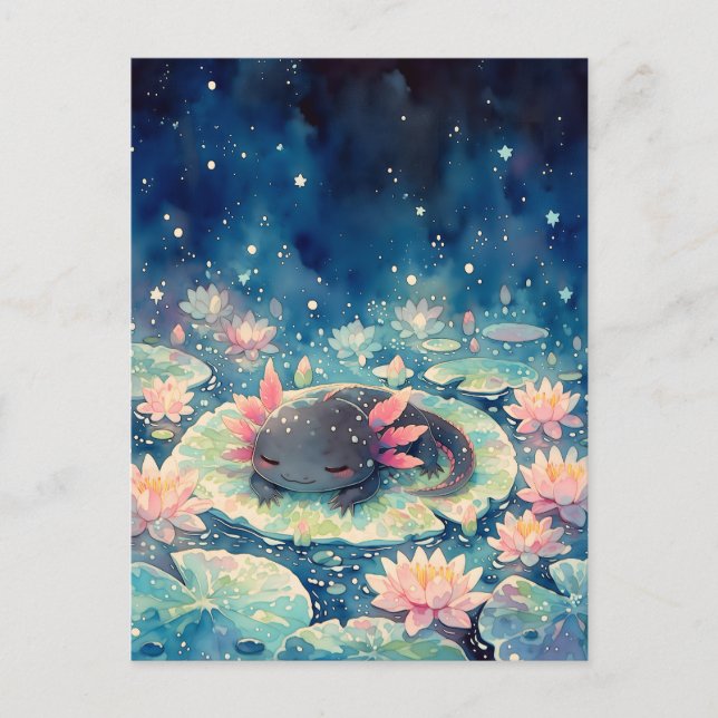Fläckiga Midnatt Kawaii Axolotl Damm Vykort (Framsida)