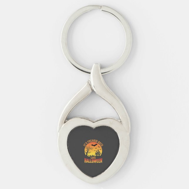 Fladdermöss älskar Halloween-spökborgsdesign_ Twisted Heart Silverfärgad Nyckelring (Framsidan)