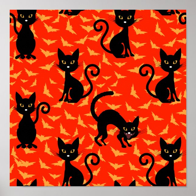 Fladdermöss för Spooky Black Cat Halloween-Orange Poster (Framsidan)