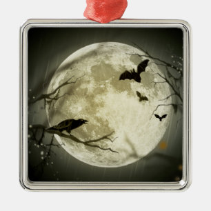 Fladdermöss har Kråkor framför Halloween Full Moon Julgransprydnad Metall
