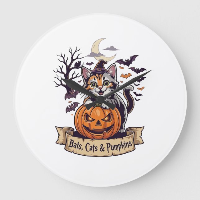 Fladdermöss Katter Pumpa Halloween Häxa Katt Kusli Stor Klocka (Framsida)