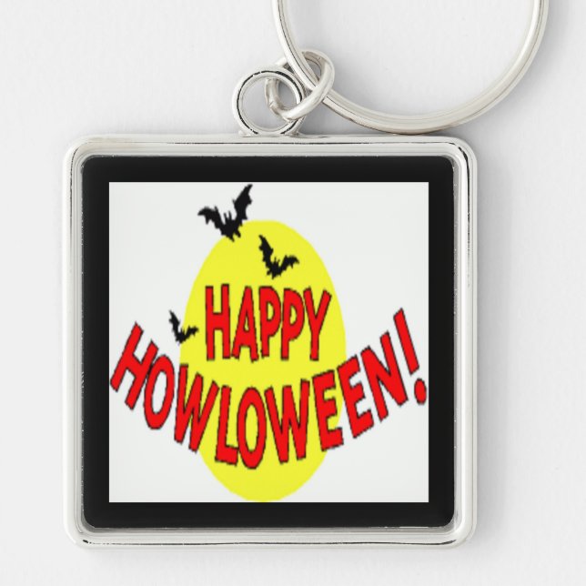 fladdermöss "LYCKLIG HOWLOWEEN" Fyrkantig Silverfärgad Nyckelring (Framsidan)