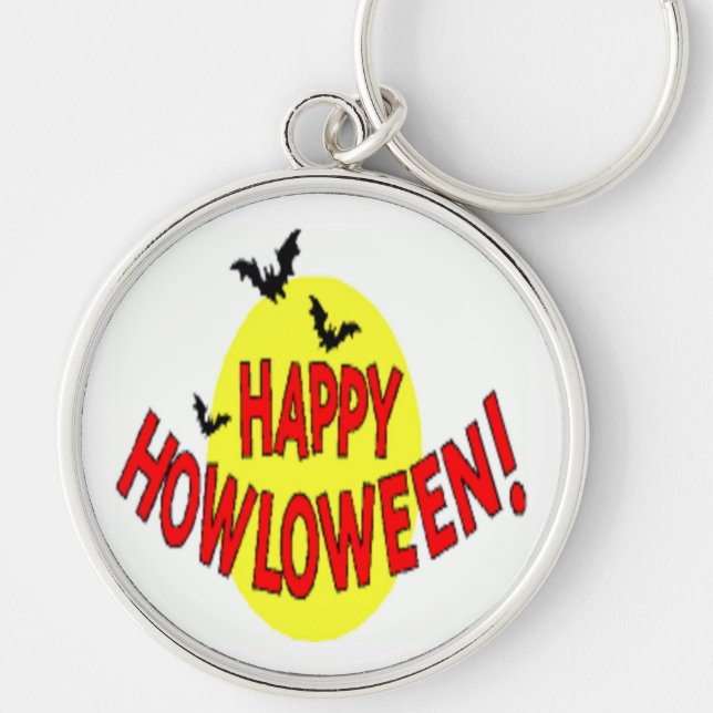 fladdermöss "LYCKLIG HOWLOWEEN" Rund Silverfärgad Nyckelring (Framsidan)
