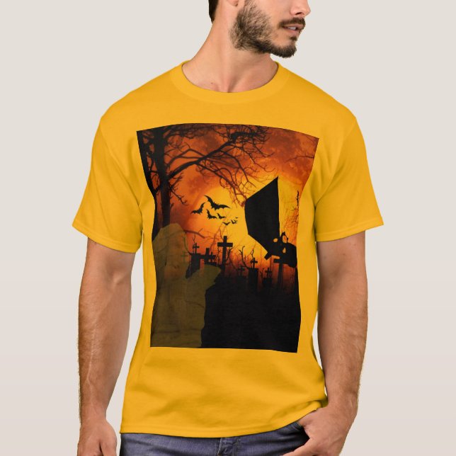 Fladdermöss, måne och Mummy Halloween-design T Shirt (Framsida)