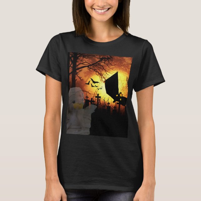 Fladdermöss,Måne och Mummy Halloween-design T Shirt (Framsida)