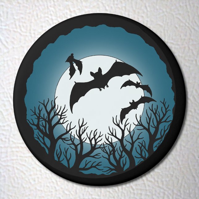 Fladdermöss och träd mot månen magnet (Bats and Trees Against the Moon Magnet on White Fridge)