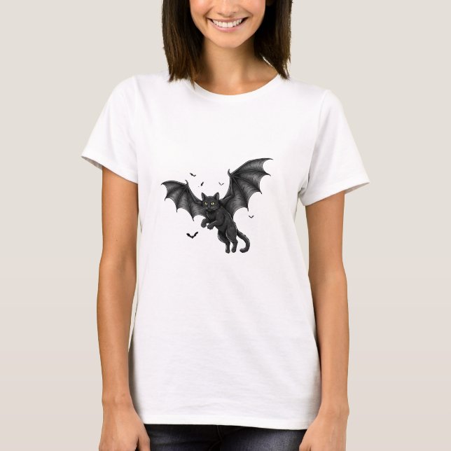 Fladdermus Cat - Flygande Halloween Cat Woman T-sh T Shirt (Framsida)