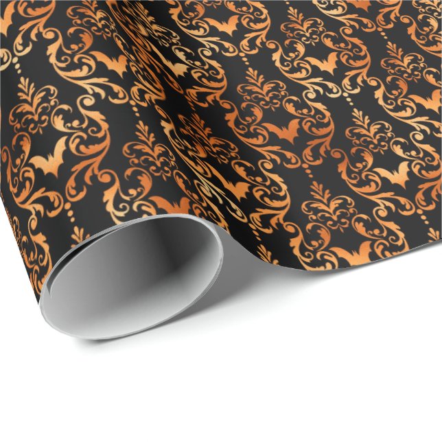 Fladdermus Damask Spooky Copper Black Halloween Mö Presentpapper (Rullad Hörn)